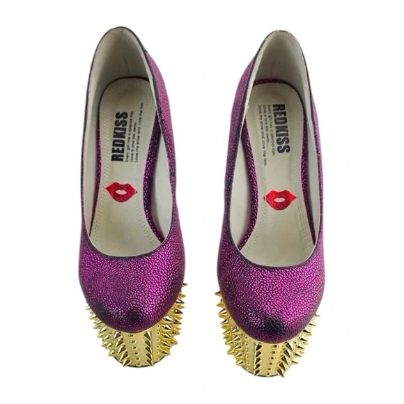 ❤️ NEW REDKISS Purple and Gold Spiked Heels Stiletto Embossed Snake Texture Pump - Picture 4 of 5